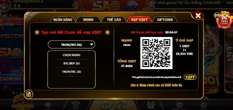 Hướng dẫn nạp tiền Saowin bằng USDT nhanh chóng và bảo mật