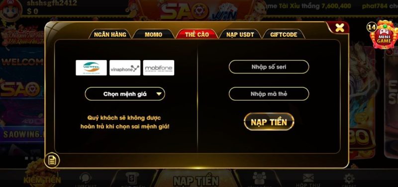 Hướng dẫn nạp tiền Saowin chi tiết cho tân thủ